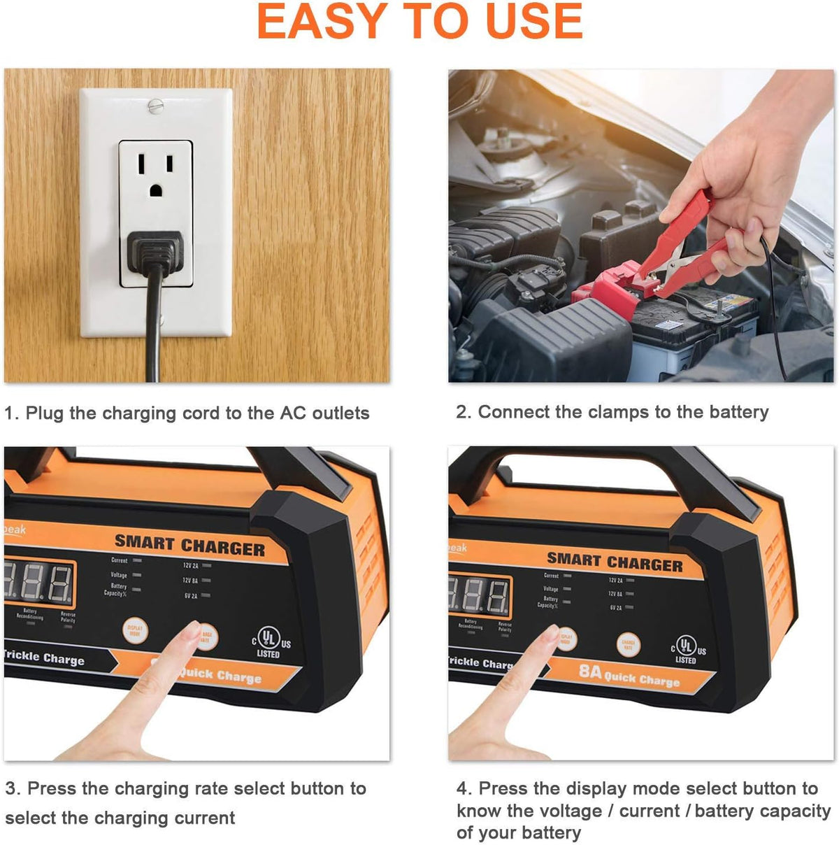 6V 12V Smart Car Battery Charger and Maintainer 2A 8A with Cable Clamps L7799