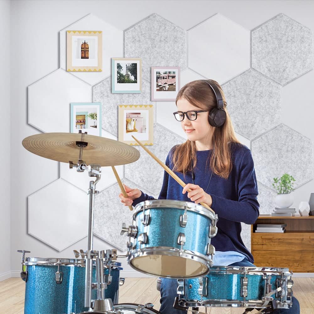 12 Pack Self adhesive Hexagon Acoustic Panels Sound Proof Foam Panels, Grey F2197