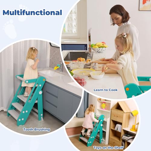 Foldable Adjustable Toddler Kitchen Stool with Handles Non-Slip Blue Grey M8891