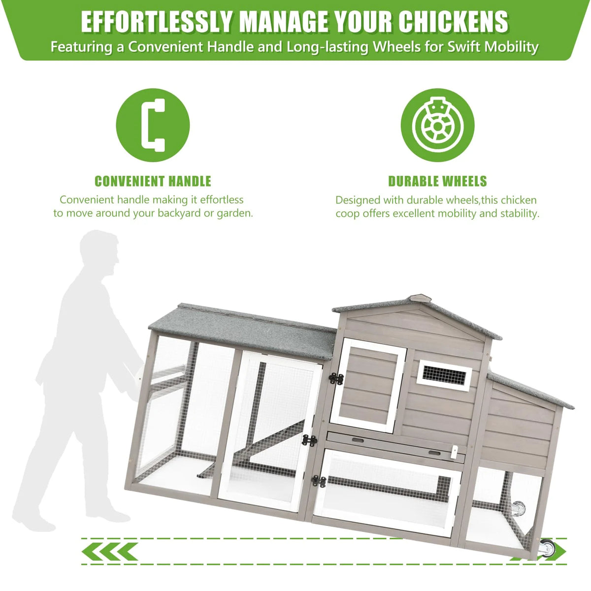 Large Chicken Coop with Wheels, Wooden Hen House, 2 Story Poultry Cage with Nesting Box and Pull Out Trays X9851
