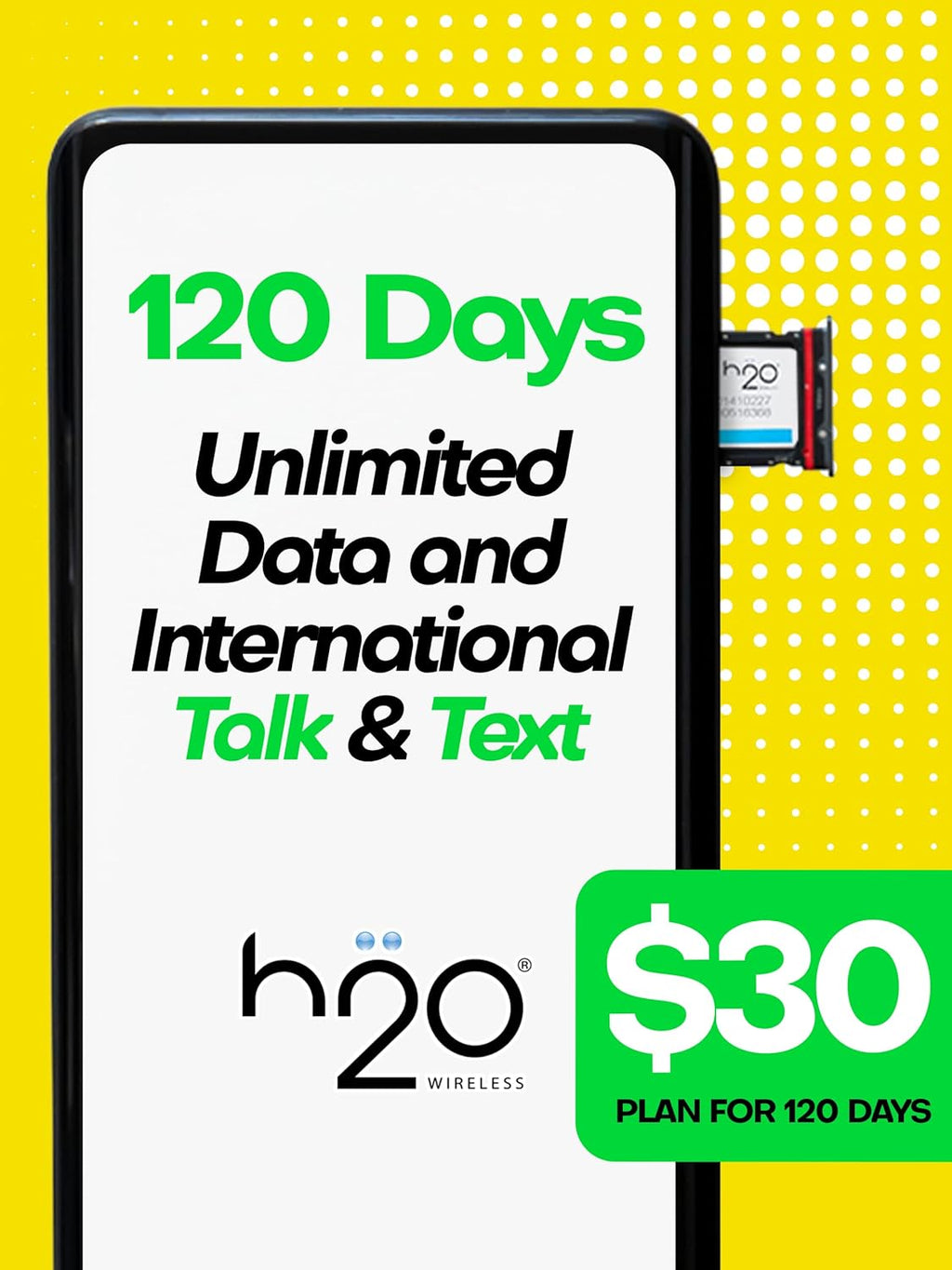 H2O Wireless SIM Card $30 Plan Preloaded Triple-Cut SIM with Unlimited Data and 6GB High-Speed 4G LTE/5G Data Coverage (120-Day Plan) I936