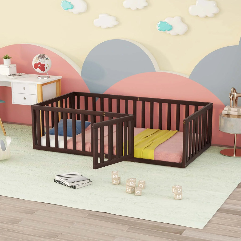 Wood Floor Bed Frame with Fence and Door Queen Size G9094