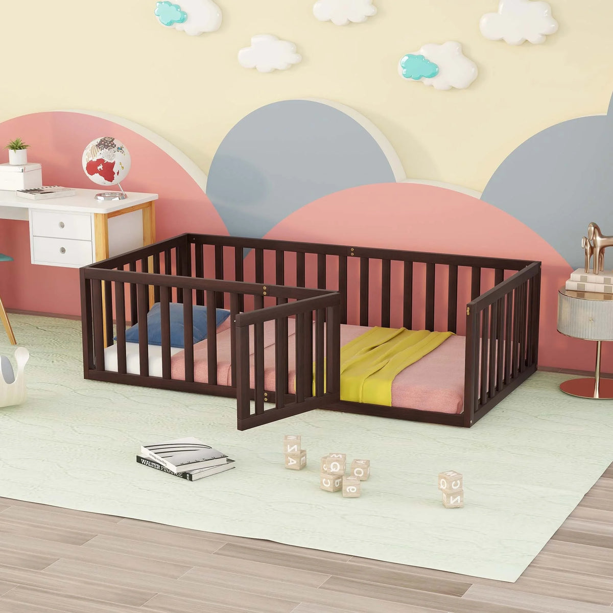 Wood Floor Bed Frame with Fence and Door Queen Size G9094