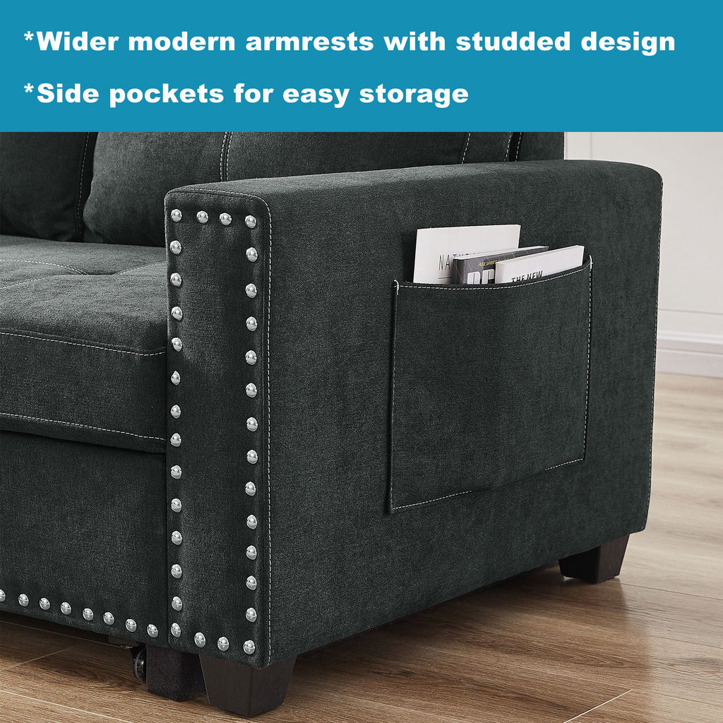 Black Queen Size Sleeper Sofa Bed with Storage Chaise O107647