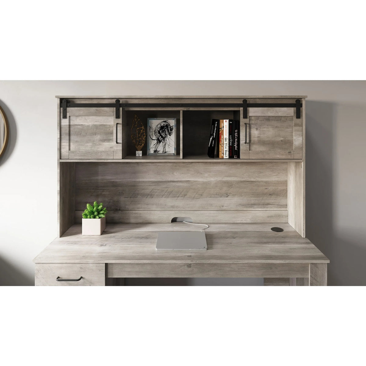 65"W Computer Desk With Hutch And Wireless Charging, Smoky Brown B802