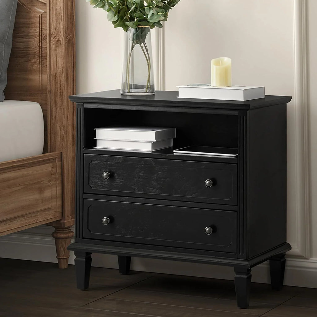 Black Nightstand with USB Ports and Outlets, 2 Drawers R6936