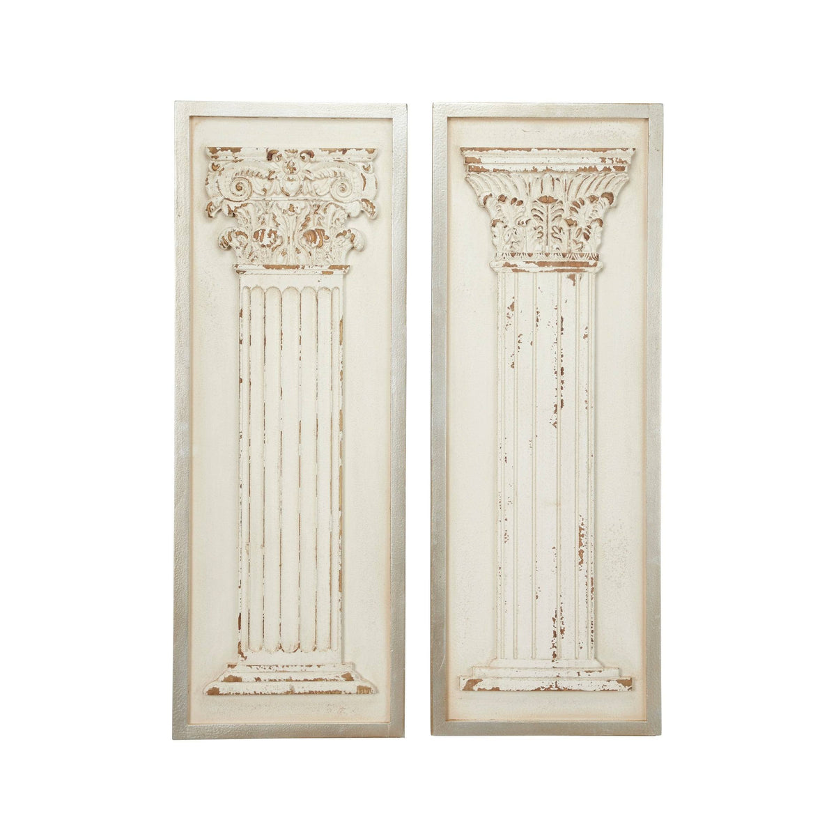Large Rectangular Distressed Antique White Wood Wall Decor with Carved Greek Columns, Set of 2 Y664536