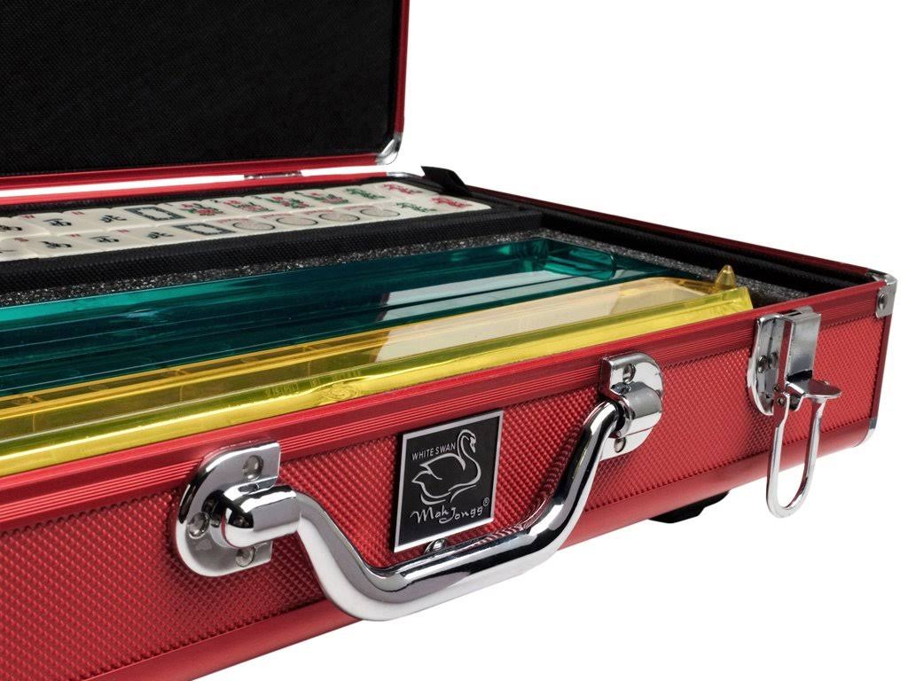 White Swan mAh Jongg - Ivory Tiles - Modern Pusher Arms - Wheeled Aluminum Case - Red R329966