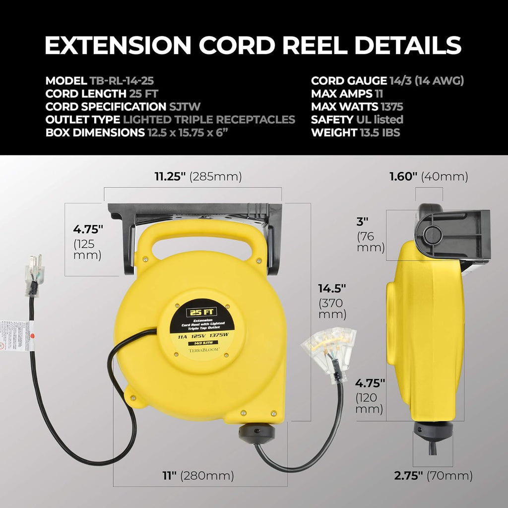 25 Ft Retractable Extension Cord Reel with 3 Outlets O782429