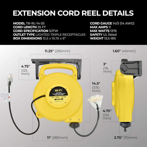 25 Ft Retractable Extension Cord Reel with 3 Outlets O782429