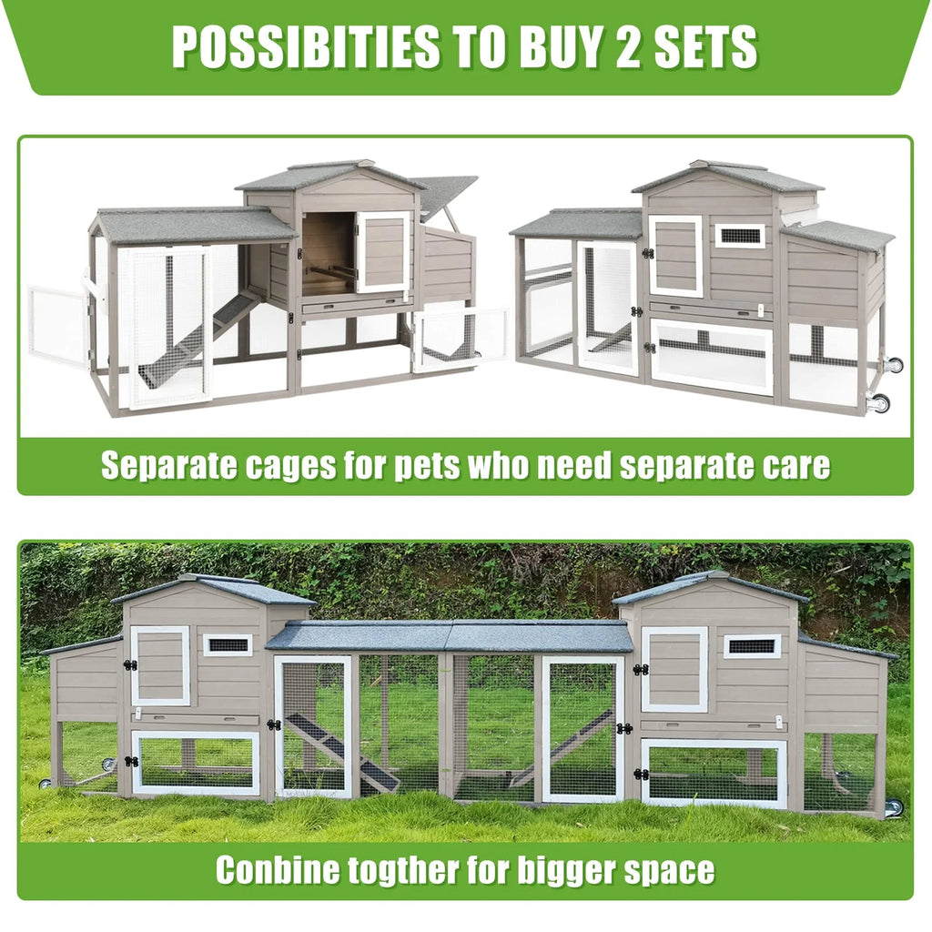 Large Chicken Coop with Wheels, Wooden Hen House, 2 Story Poultry Cage with Nesting Box and Pull Out Trays X9851