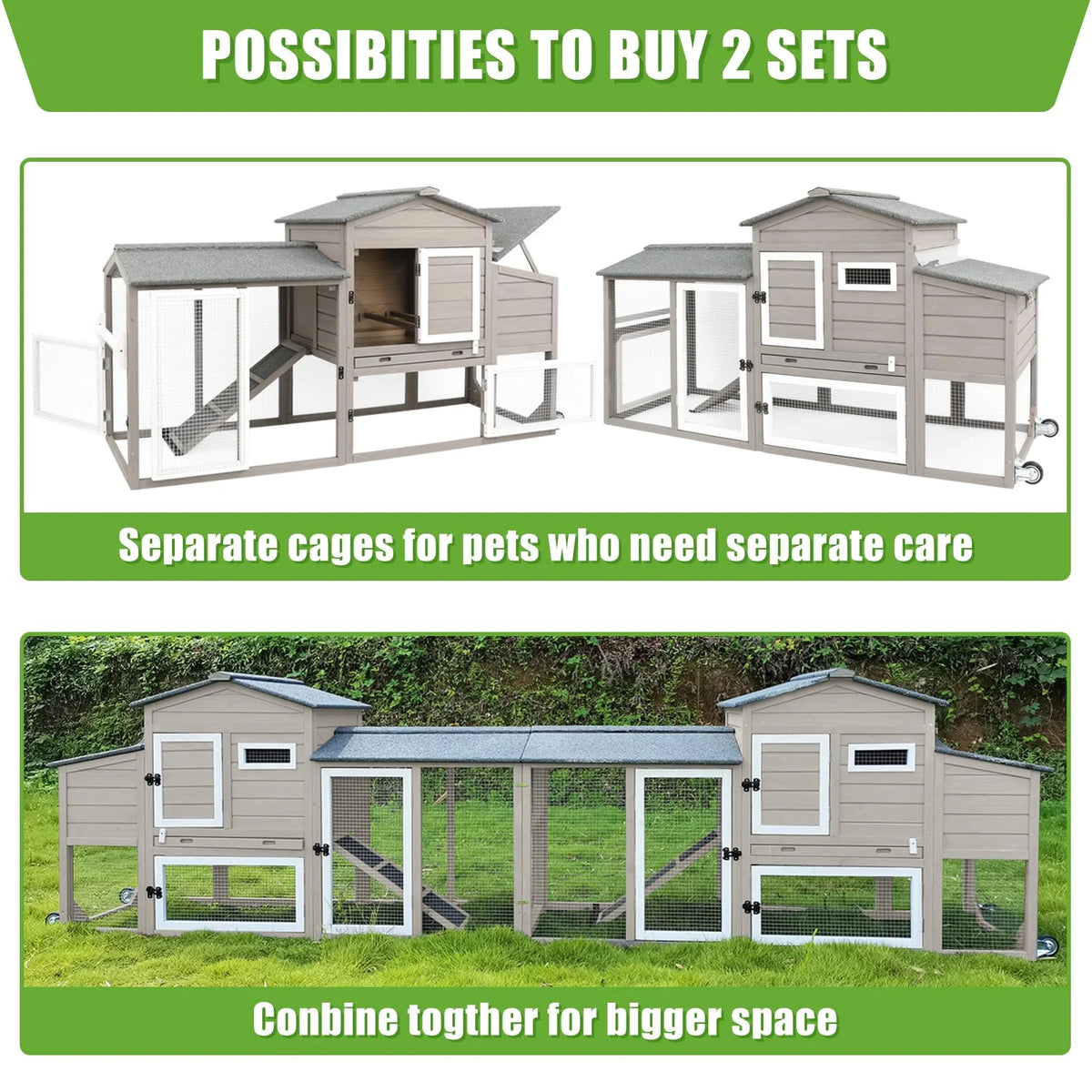 Large Chicken Coop with Wheels, Wooden Hen House, 2 Story Poultry Cage with Nesting Box and Pull Out Trays X9851