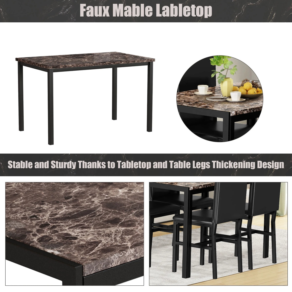 5 Piece Faux Marble Rectangular Dining Table Set with 4 Upholstered Metal Chairs R750408