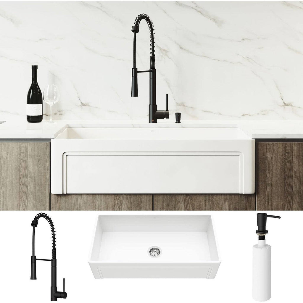 36x22 Matte Stone Farmhouse Apron Kitchen Sink Set with Faucet J221