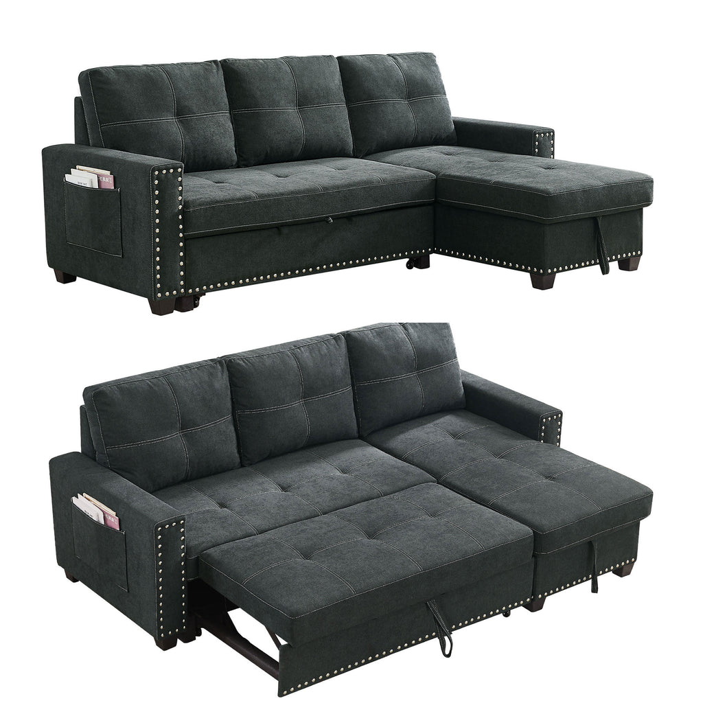 Black Queen Size Sleeper Sofa Bed with Storage Chaise O107647