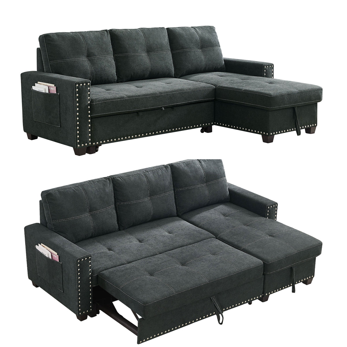 Black Queen Size Sleeper Sofa Bed with Storage Chaise O107647