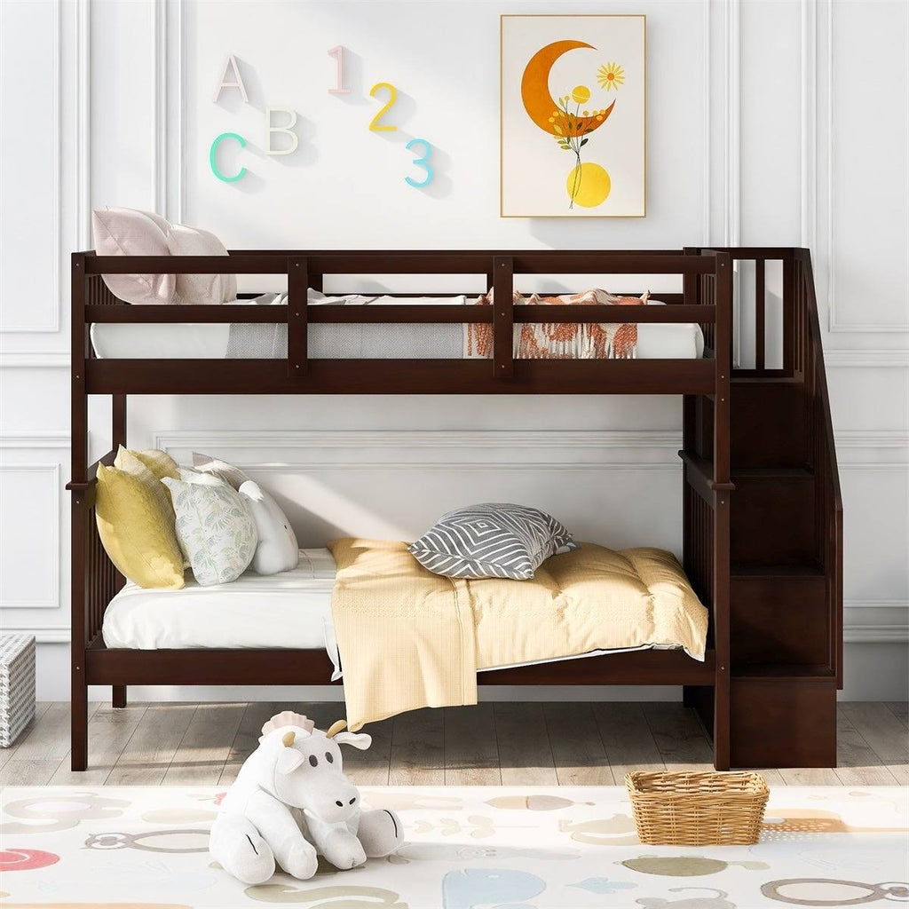 Twin-Over-Twin Bunk Bed with Stairway, Storage and Guard Rail - Grey D897