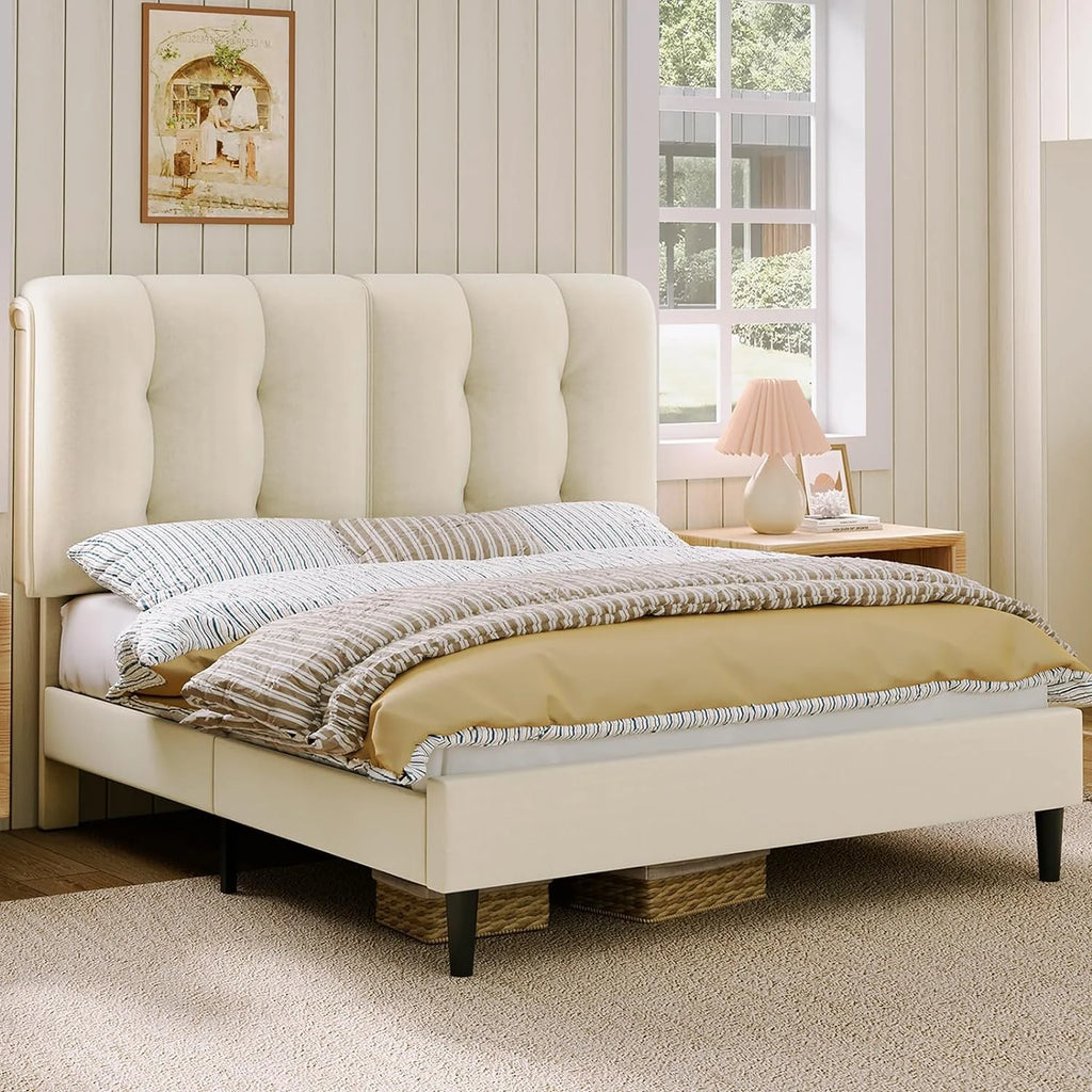 Queen Velvet Upholstered Platform Bed with Adjustable Headboard R591770