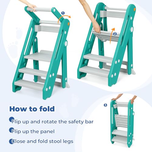 Foldable Adjustable Toddler Kitchen Stool with Handles Non-Slip Blue Grey M8891