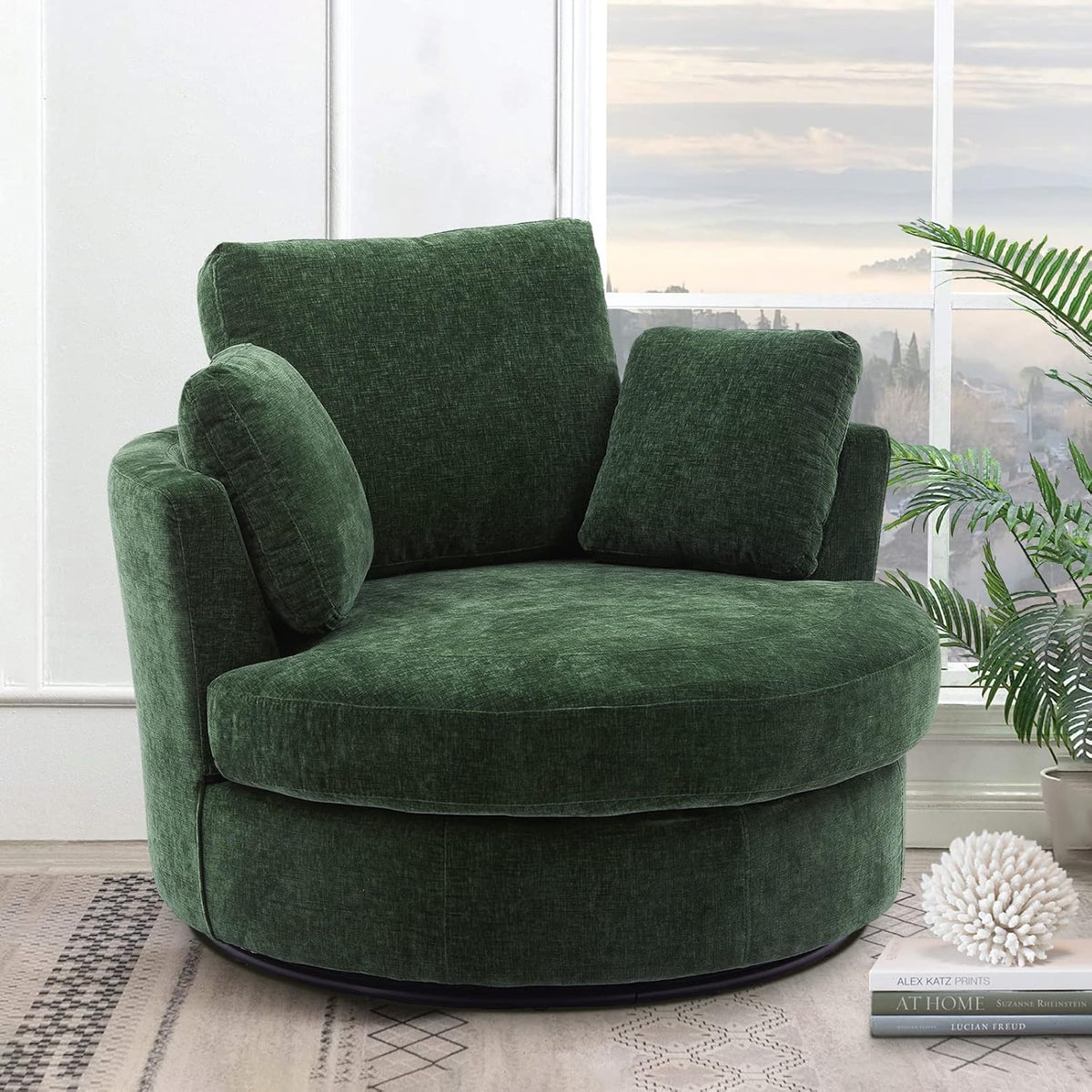 Green Chenille Oversized Swivel Barrel Chair T96886