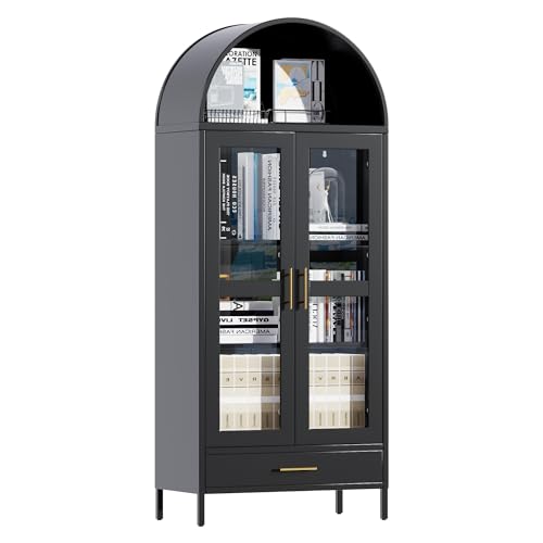 Black Metal Arched Storage Display Cabinet with Drawer and Glass Doors X53169