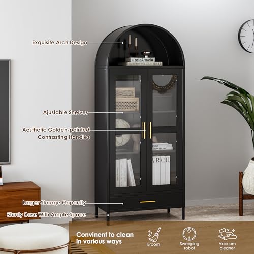 Black Metal Arched Storage Display Cabinet with Drawer and Glass Doors X53169