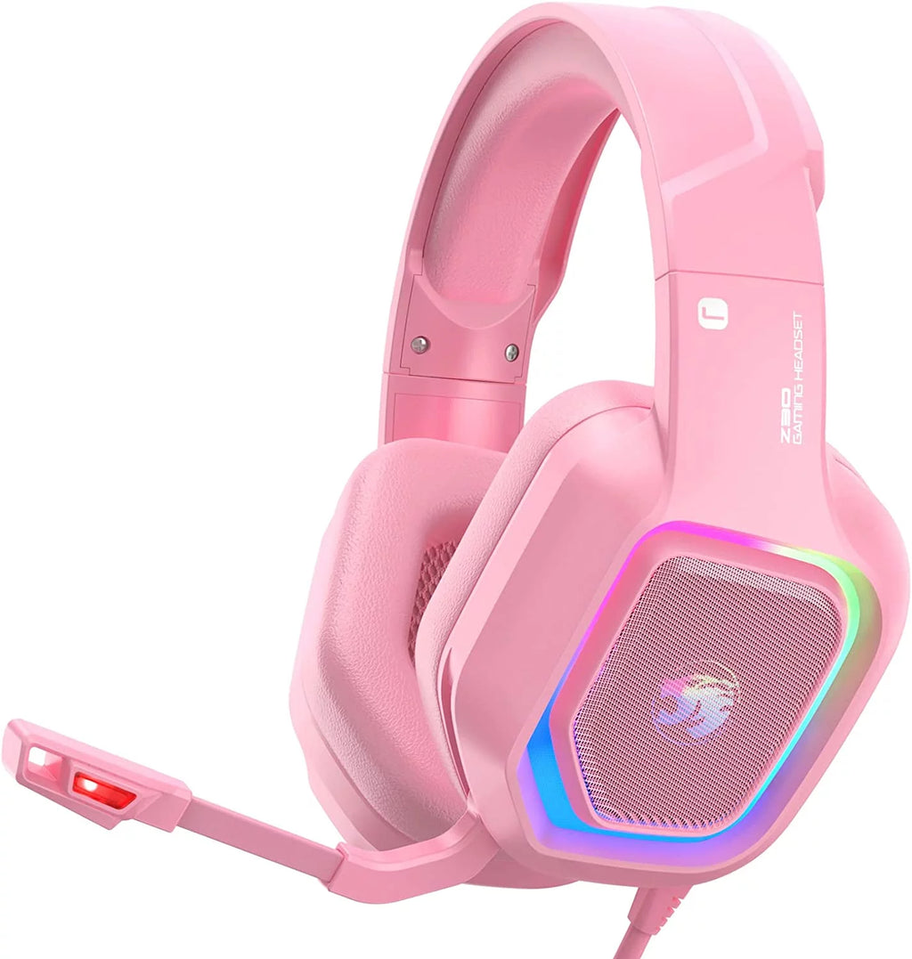 Pink Wired Over-Ear Gaming Headset with Noise Canceling Microphone D8731