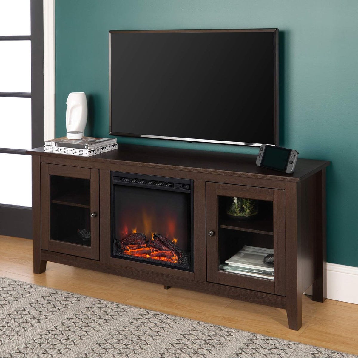 Black 58 Inch Wood and Glass Fireplace TV Stand T853043