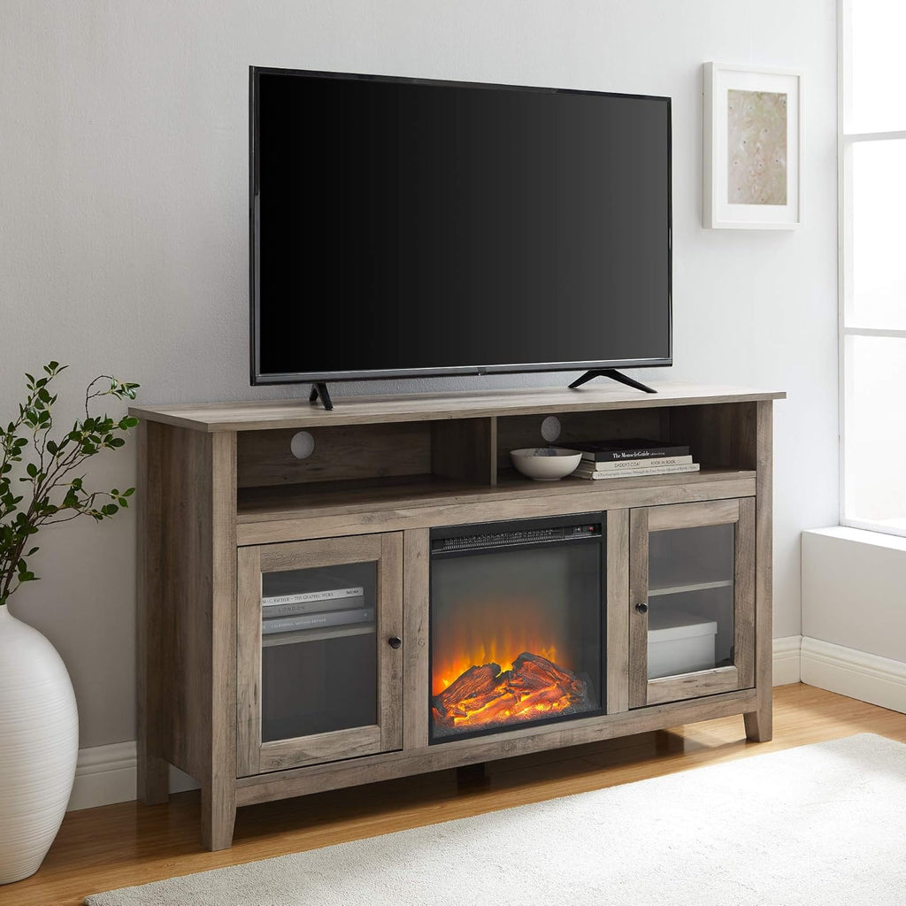 Black 58 Inch Wood and Glass Fireplace TV Stand T853043