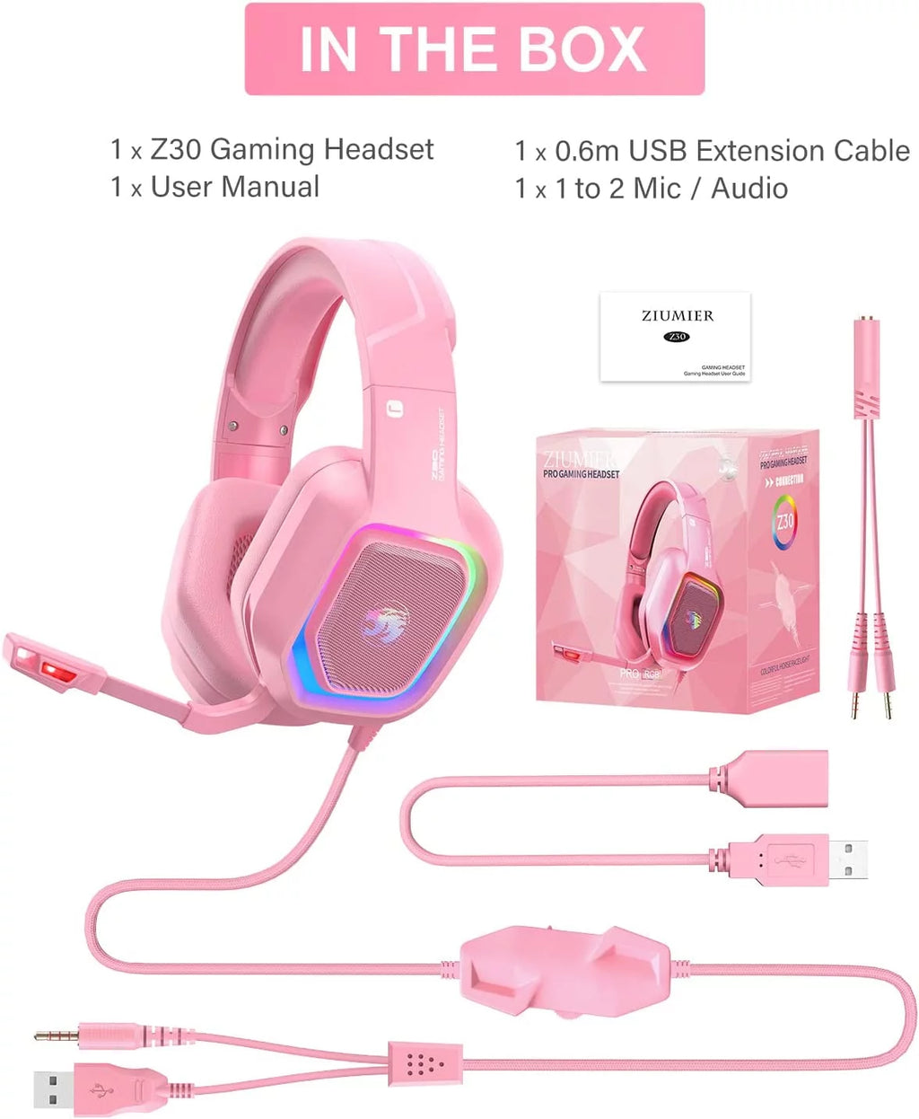 Pink Wired Over-Ear Gaming Headset with Noise Canceling Microphone D8731