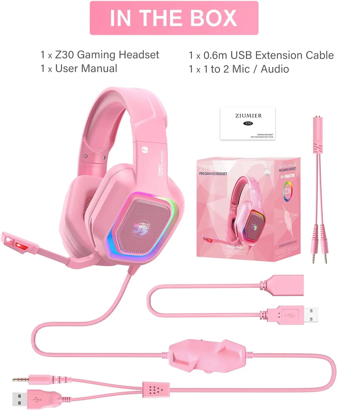 Pink Wired Over-Ear Gaming Headset with Noise Canceling Microphone D8731