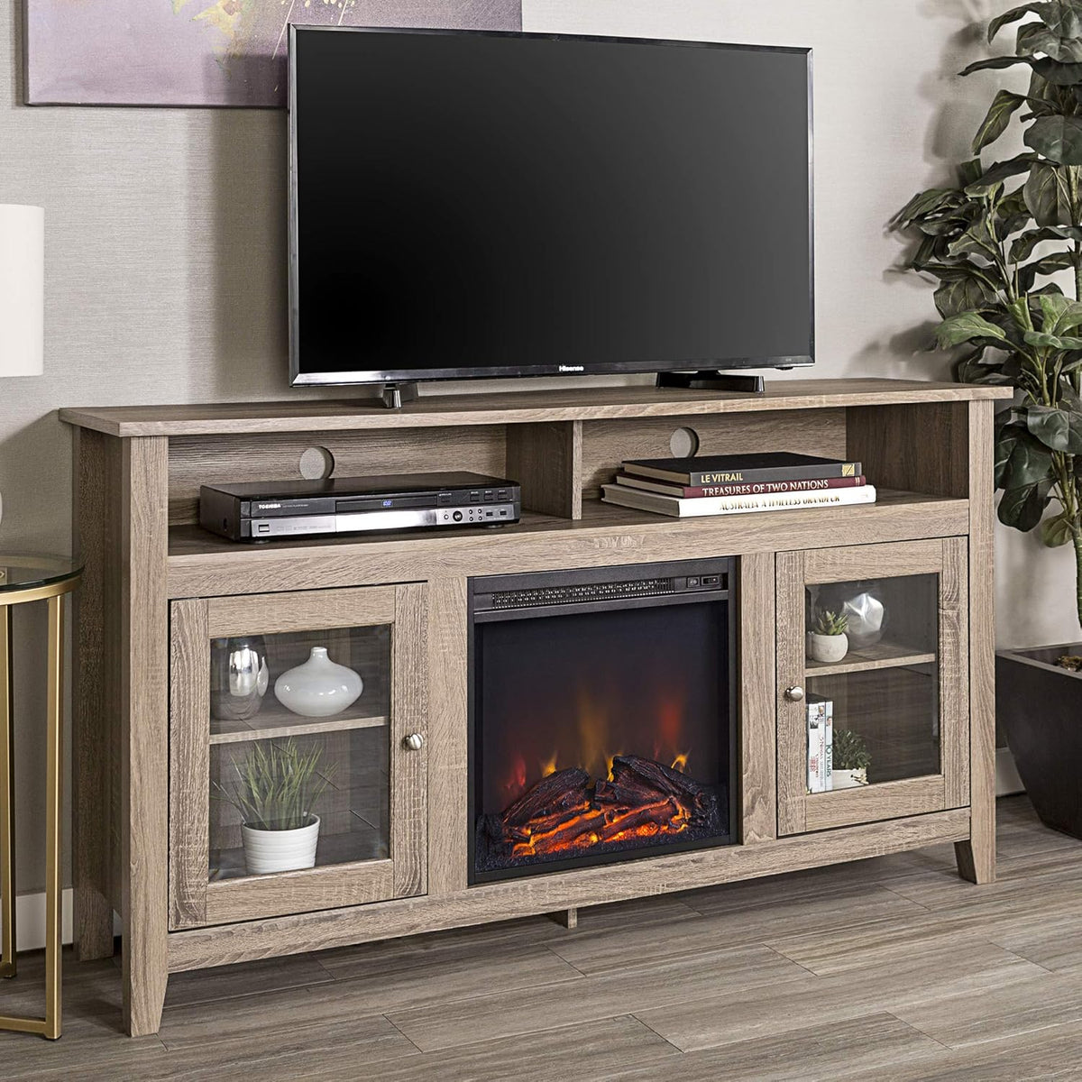 Black 58 Inch Wood and Glass Fireplace TV Stand T853043