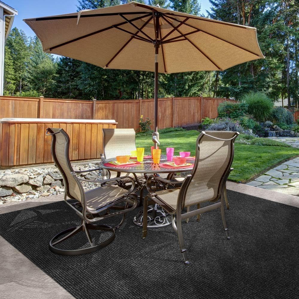 Charcoal Black Ribbed Indoor Outdoor Carpet 6 Feet X 10 Feet T596269