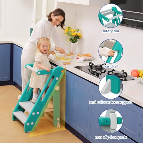 Foldable Adjustable Toddler Kitchen Stool with Handles Non-Slip Blue Grey M8891