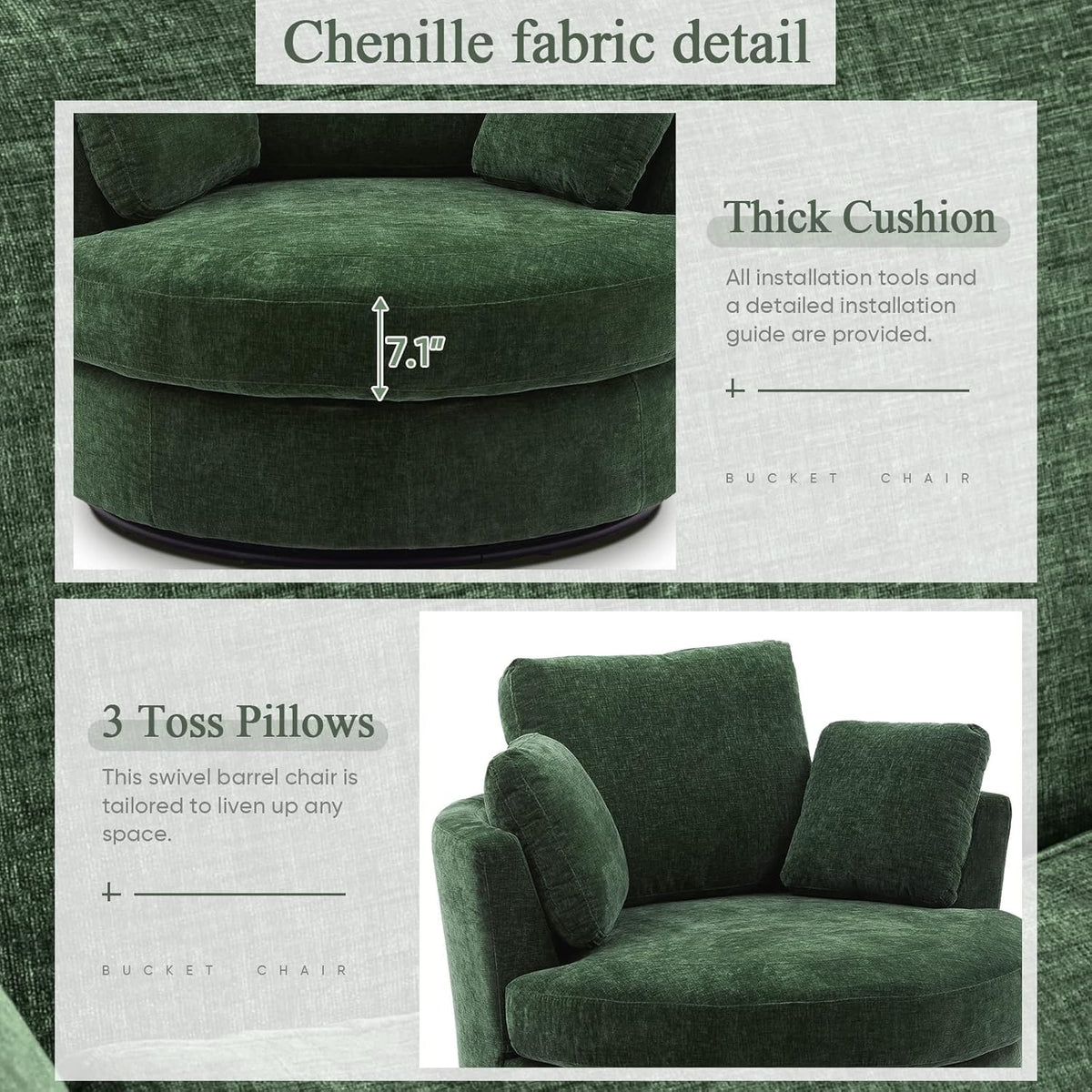 Green Chenille Oversized Swivel Barrel Chair T96886