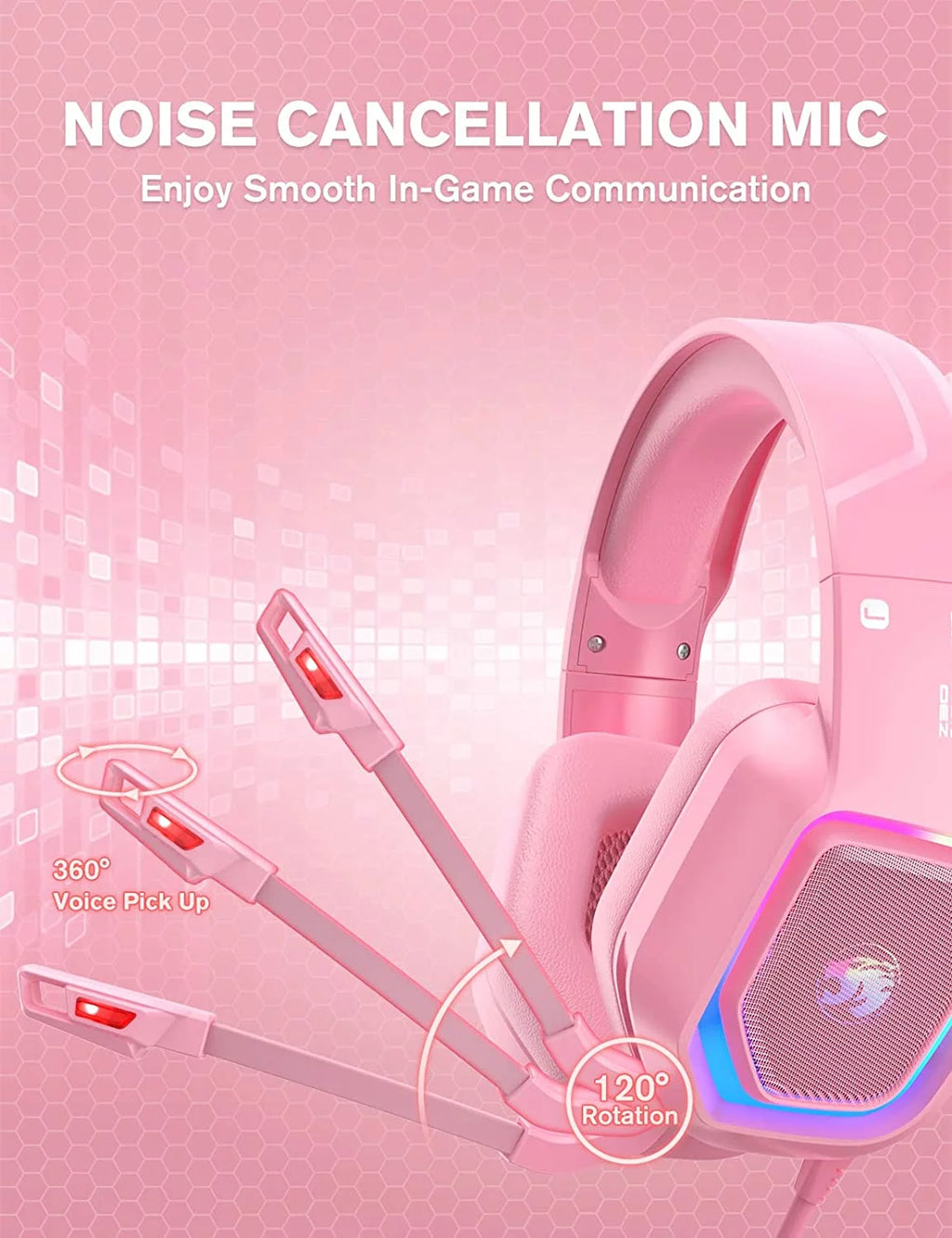 Pink Wired Over-Ear Gaming Headset with Noise Canceling Microphone D8731