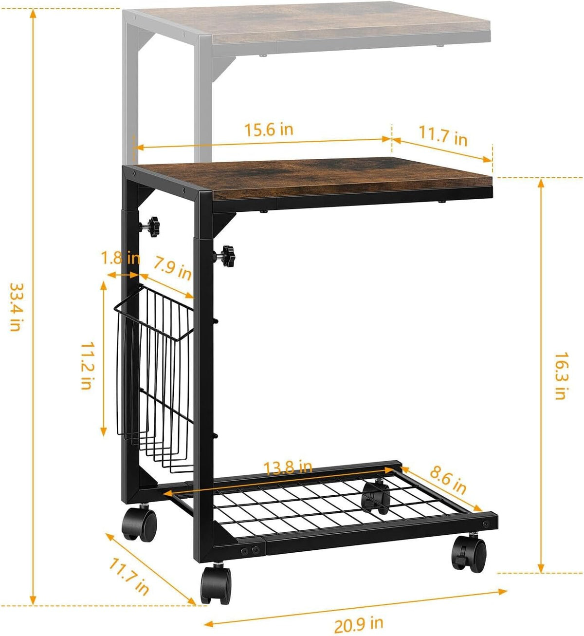 Height Adjustable C Shaped End Table with Wheels T9171