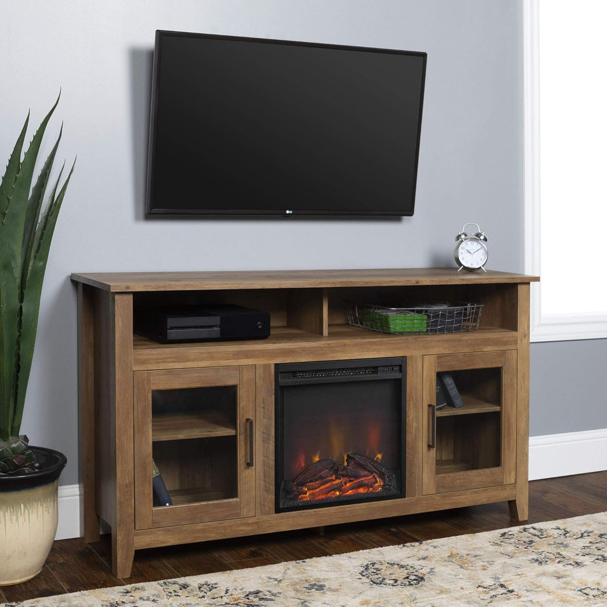 Black 58 Inch Wood and Glass Fireplace TV Stand T853043