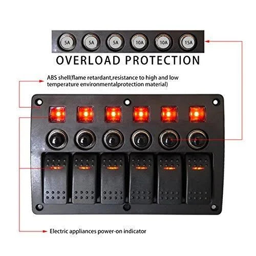 4/6/8 Gang Pre Wired Rocker Switch Panel Waterproof 12V 24V with Fuse B9777