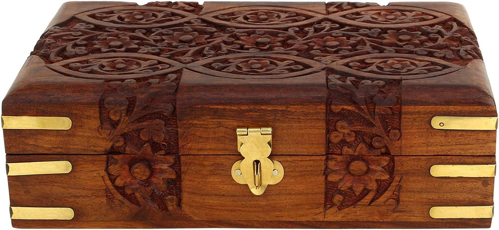 Hand Carved Wooden Storage Organiser Jewellery Box 20x12.5x6.5 CM D44553