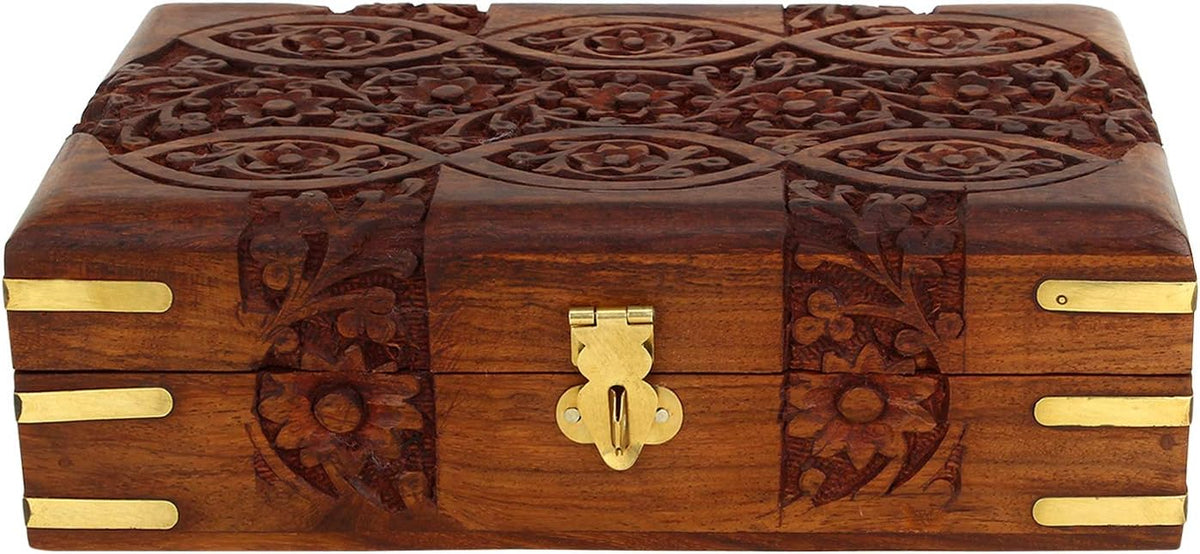 Hand Carved Wooden Storage Organiser Jewellery Box 20x12.5x6.5 CM D44553