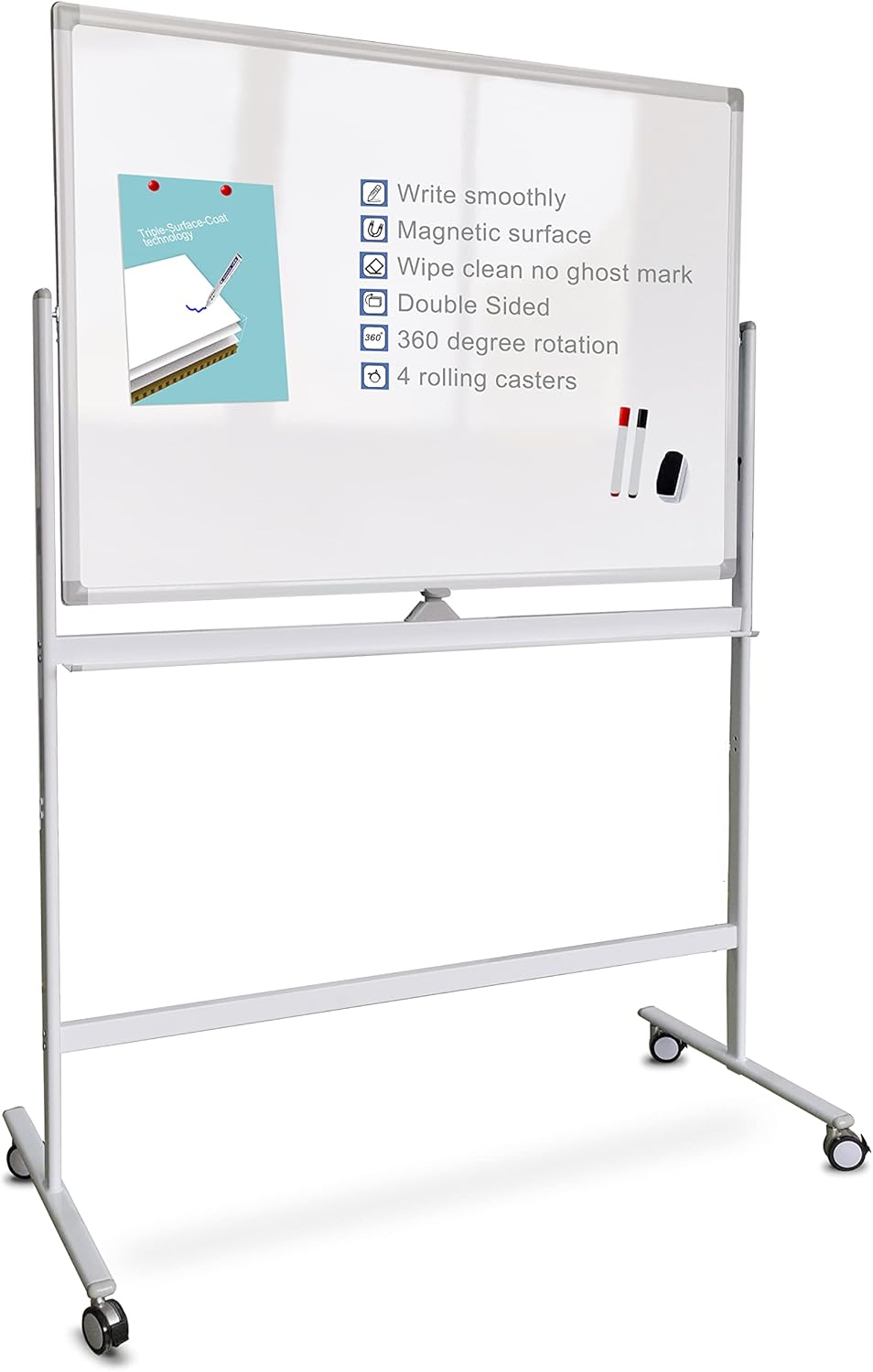 Mobile Double Sided Whiteboard 36 x 71 Inches with Aluminum White Frame P4292