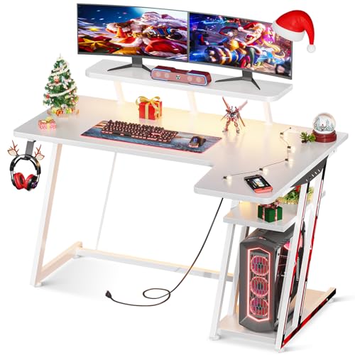 Black 55 Inch L Shaped Gaming Desk with LED Lights I911