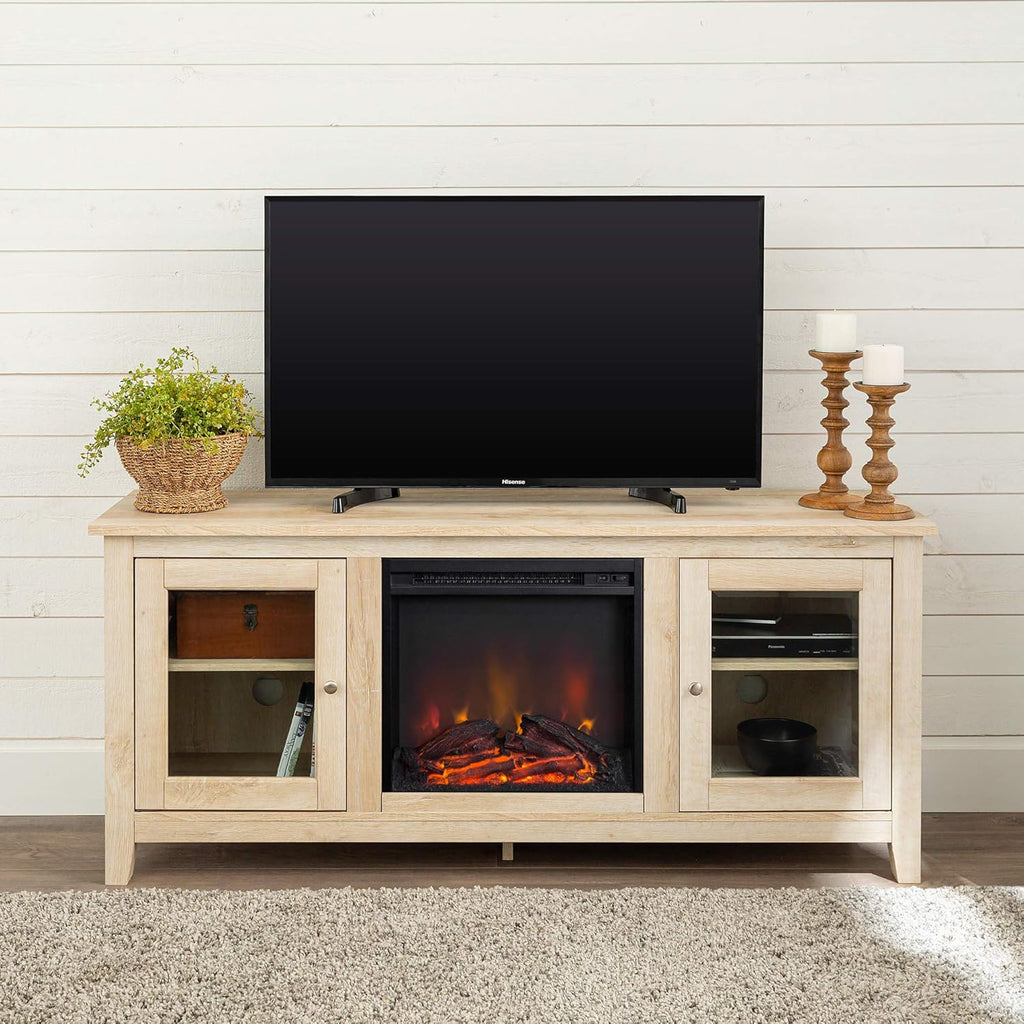 Black 58 Inch Wood and Glass Fireplace TV Stand T853043