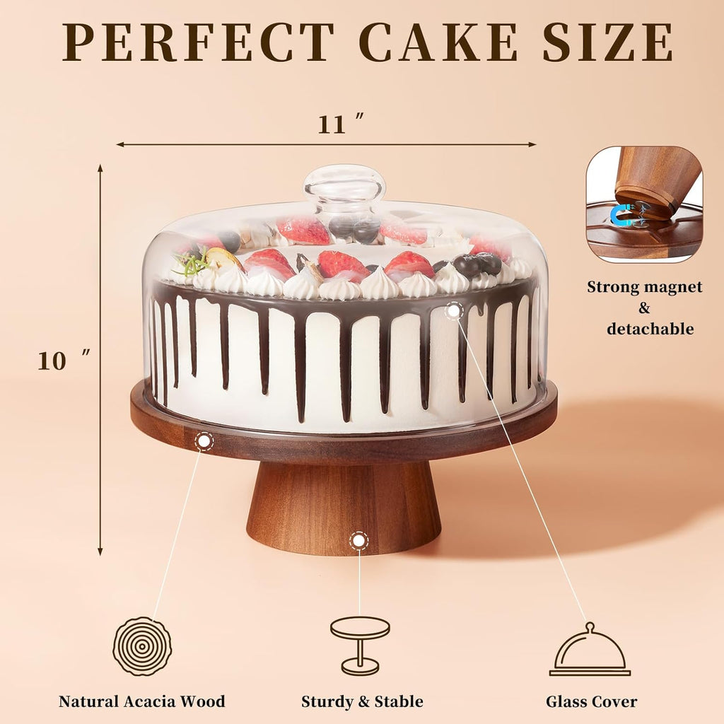 Wood Glass Cake Stand with Dome 11IN B1220