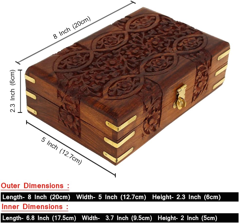 Hand Carved Wooden Storage Organiser Jewellery Box 20x12.5x6.5 CM D44553