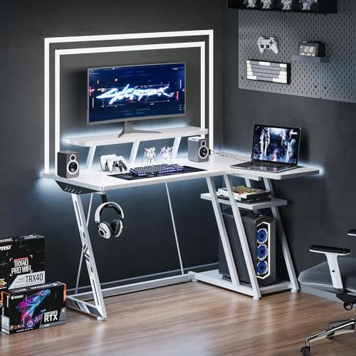 Black 55 Inch L Shaped Gaming Desk with LED Lights I911