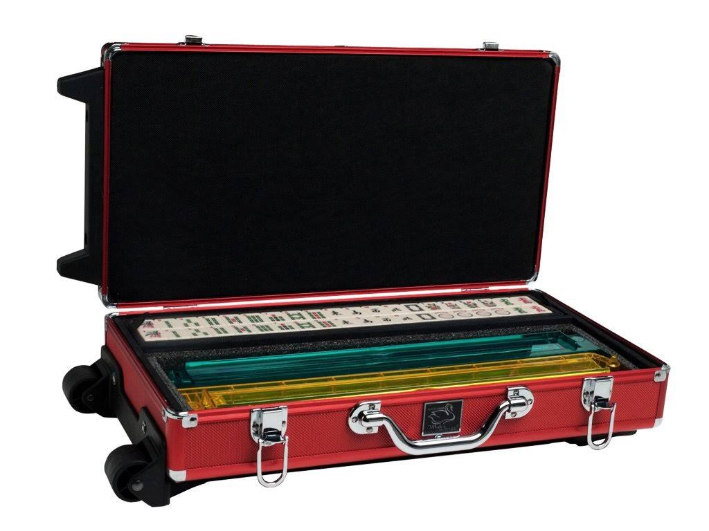 White Swan mAh Jongg - Ivory Tiles - Modern Pusher Arms - Wheeled Aluminum Case - Red R329966