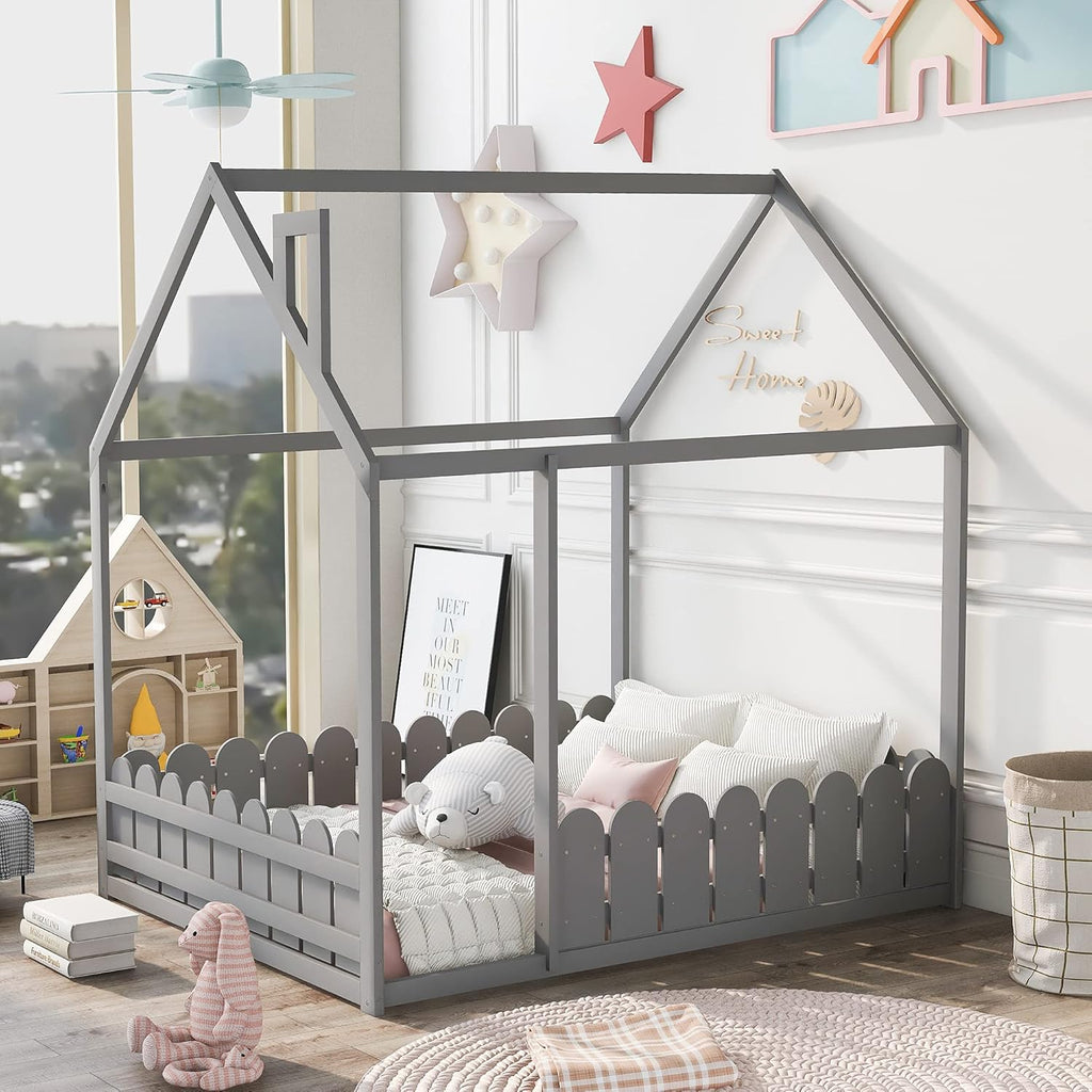 Twin Size Wooden House Bed with Trundle and Roof H442
