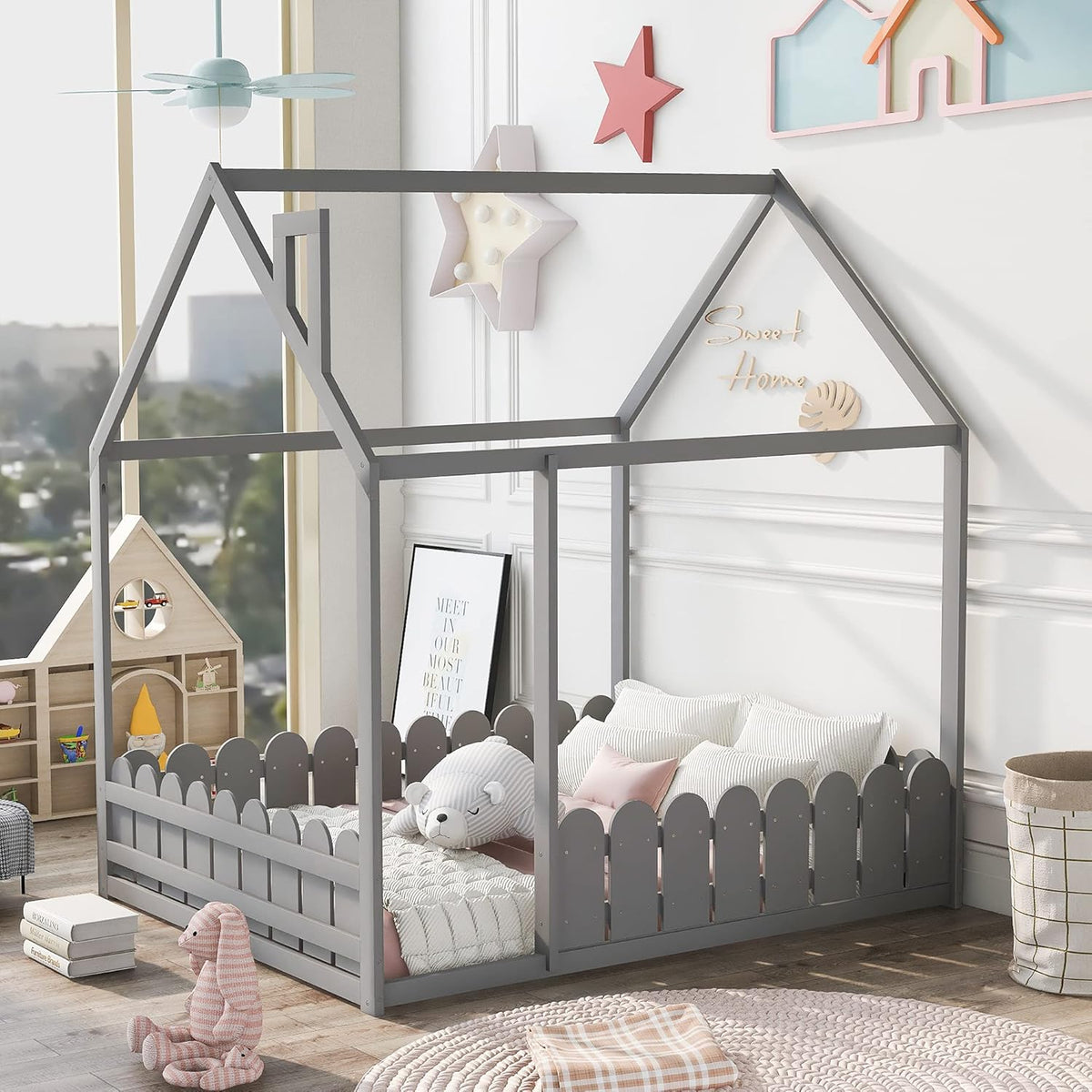 Twin Size Wooden House Bed with Trundle and Roof H442